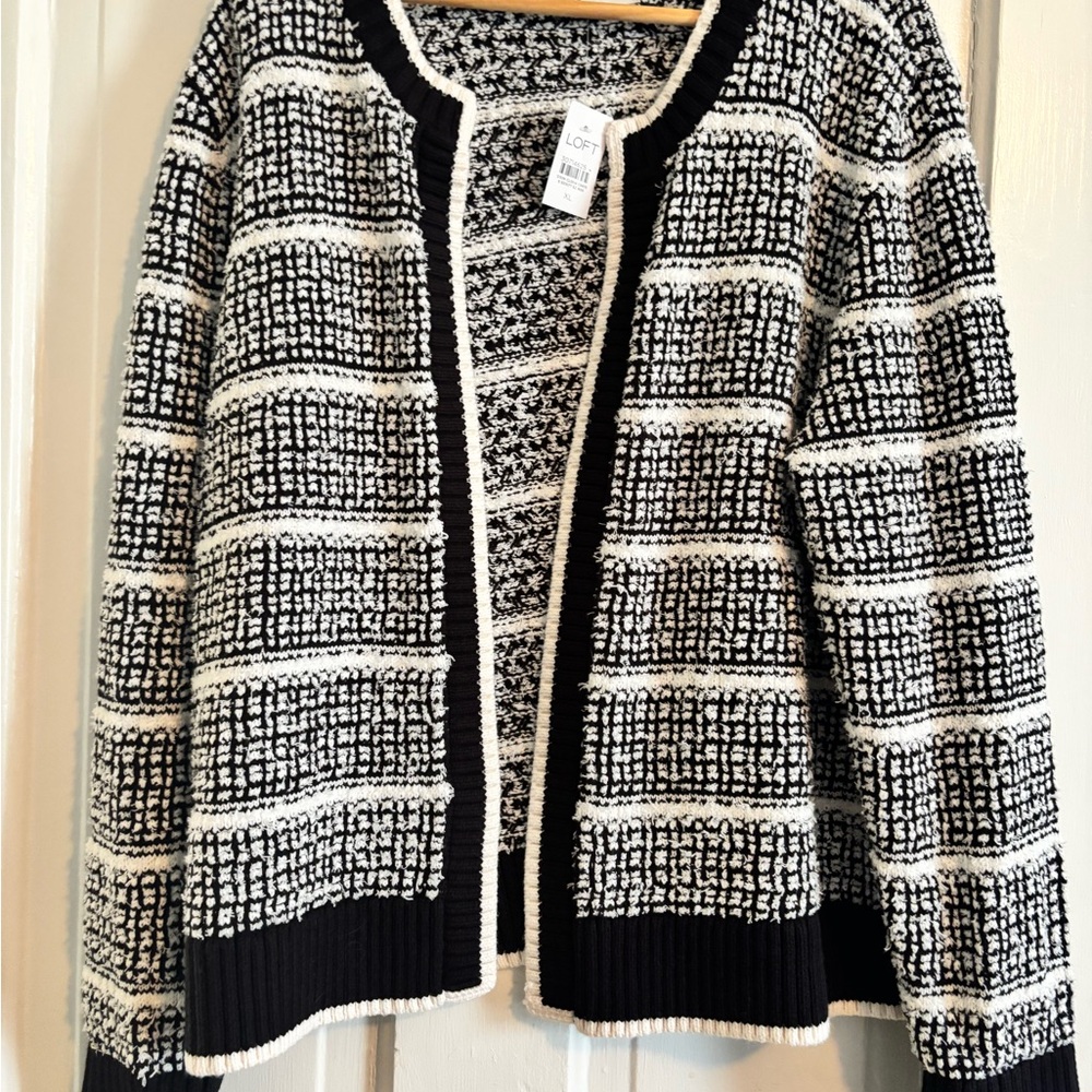LOFT Black and White Cardigan Sweater with Textured Stripes